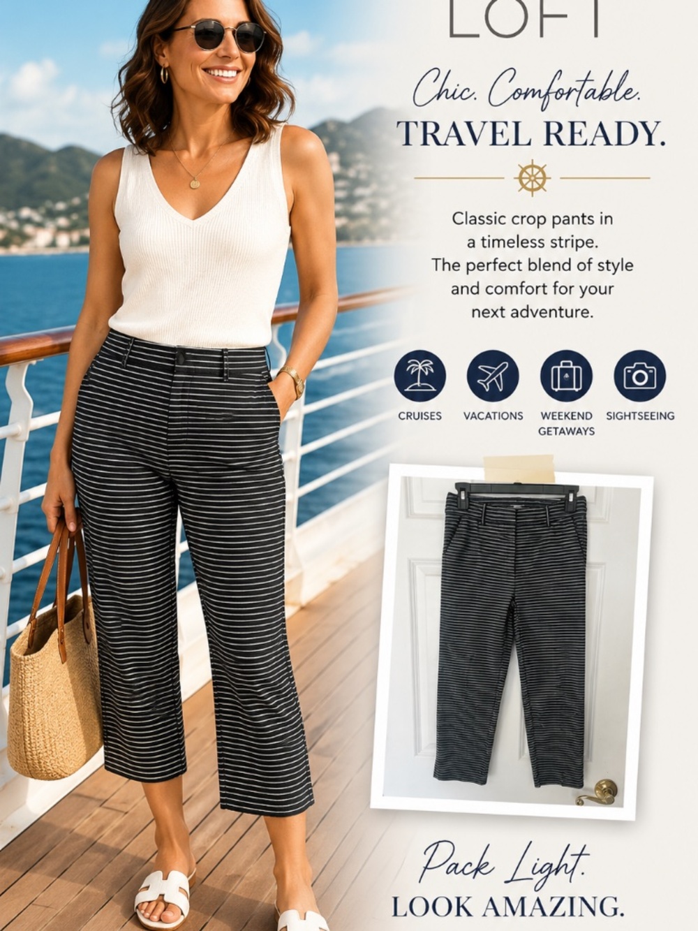 LOFT Julie Navy & White Striped Cropped Pants Stretch Cotton Blend Size 6